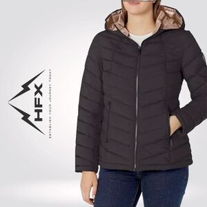 HFX Performance Womens Stretch Hooded Black Puffer Jacket Water Resistant Sz XXL